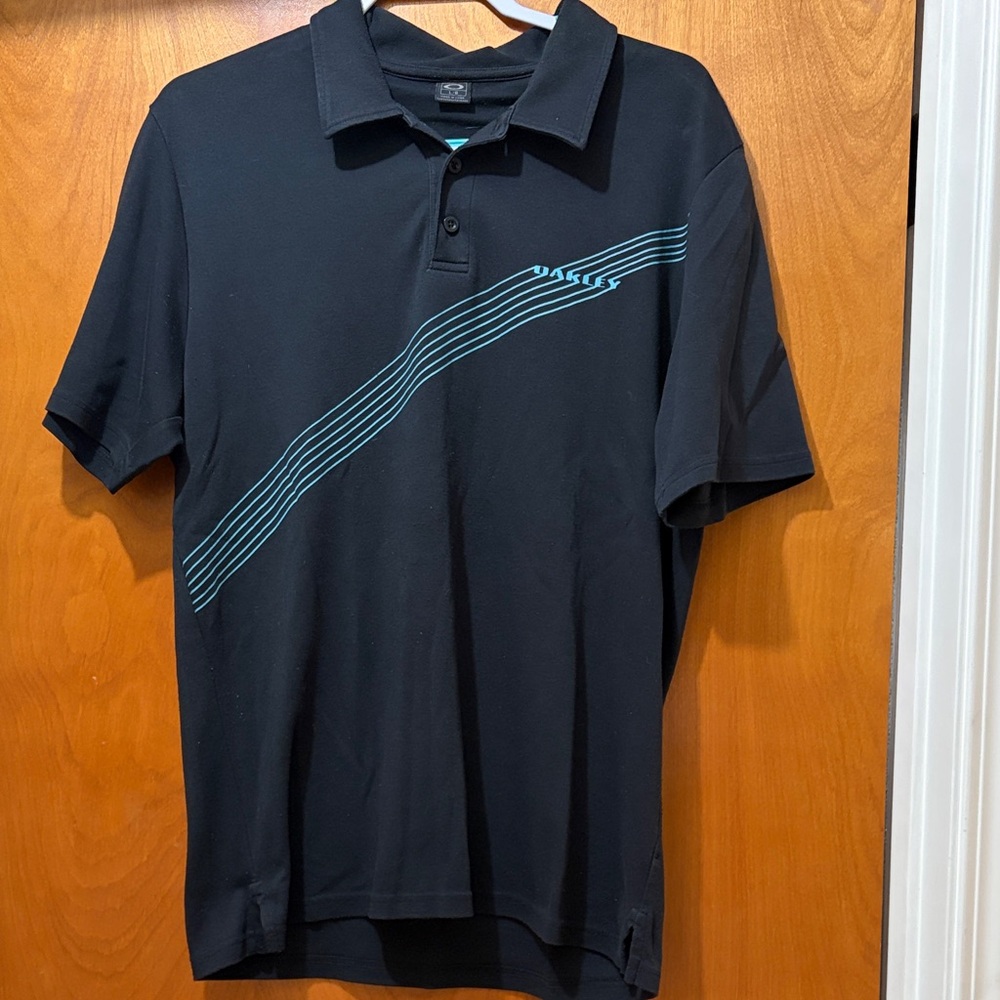 Oakley Black Polo Shirt with Teal Stripes